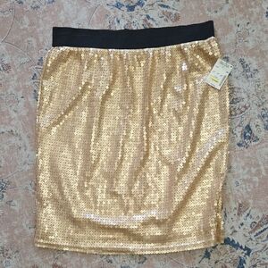 D Collection Gold Sequin Pencil Skirt Fully Lined Black Stretch Waistband M NEW